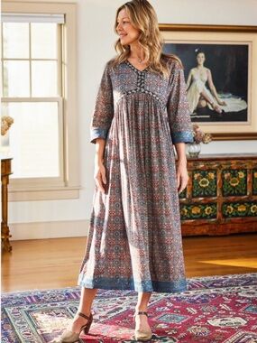 April Cornell Persia Indigo Cotton Midi / Maxi Dress Blue Lace Sequins Medium